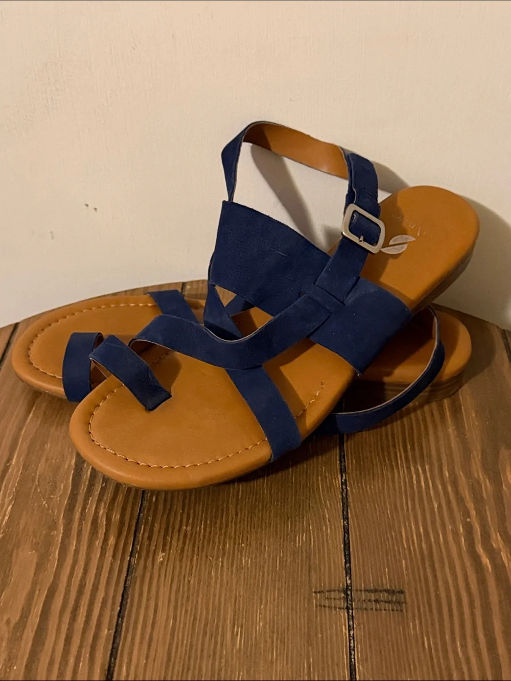 Franco Sarto Navy Blue Strappy Buckle Sandals with Tan Footbed